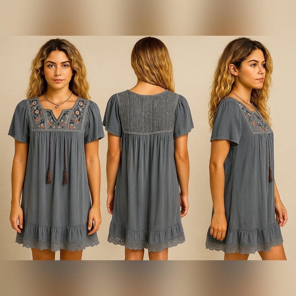 J Gee Boho Babydoll Mini Dress – Blue Gray, Size Small - Picture 2 of 5